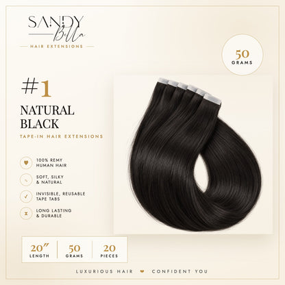 #1 Natural Black 20 inch tape-in hair extensions product card: 50 grams, 20 pieces, 100% Remy human hair - Sandy Bella