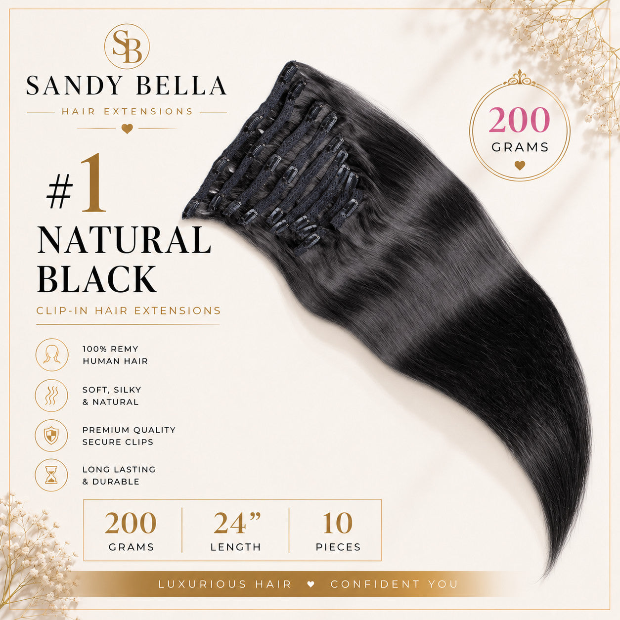 #1 Natural Black 24" Clip-in Hair Extensions 200 Grams 10 pieces - Sandy Bella product card with clips detail