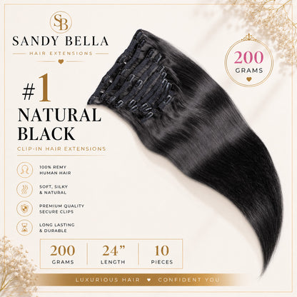 #1 Natural Black 24" Clip-in Hair Extensions 200 Grams 10 pieces - Sandy Bella product card with clips detail