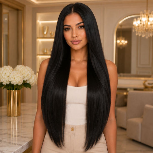 Model wearing #1 Natural Black 24 inch clip-in hair extensions, front view showing full length - Sandy Bella
