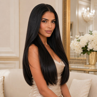 Model wearing #1 Natural Black 24 inch clip-in extensions, side profile showing sleek length - Sandy Bella