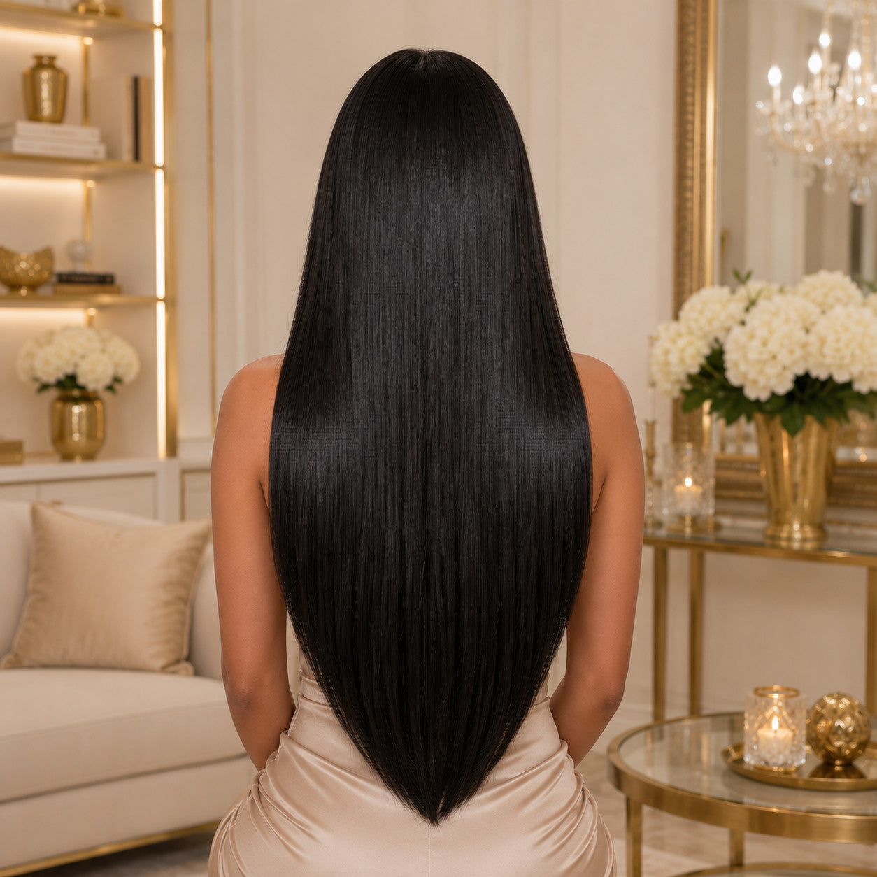 #1 Natural Black 24 inch clip-in hair extensions worn, back view showing full length and volume - Sandy Bella