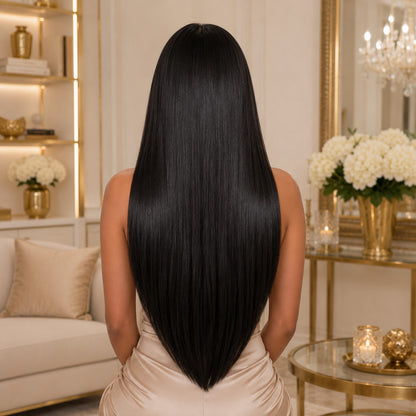 #1 Natural Black 24 inch clip-in hair extensions worn, back view showing full length and volume - Sandy Bella
