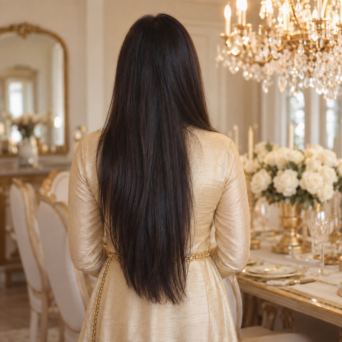 #1 Natural Black 24 inch clip-in hair extensions worn, back view showing full length and volume - Sandy Bella