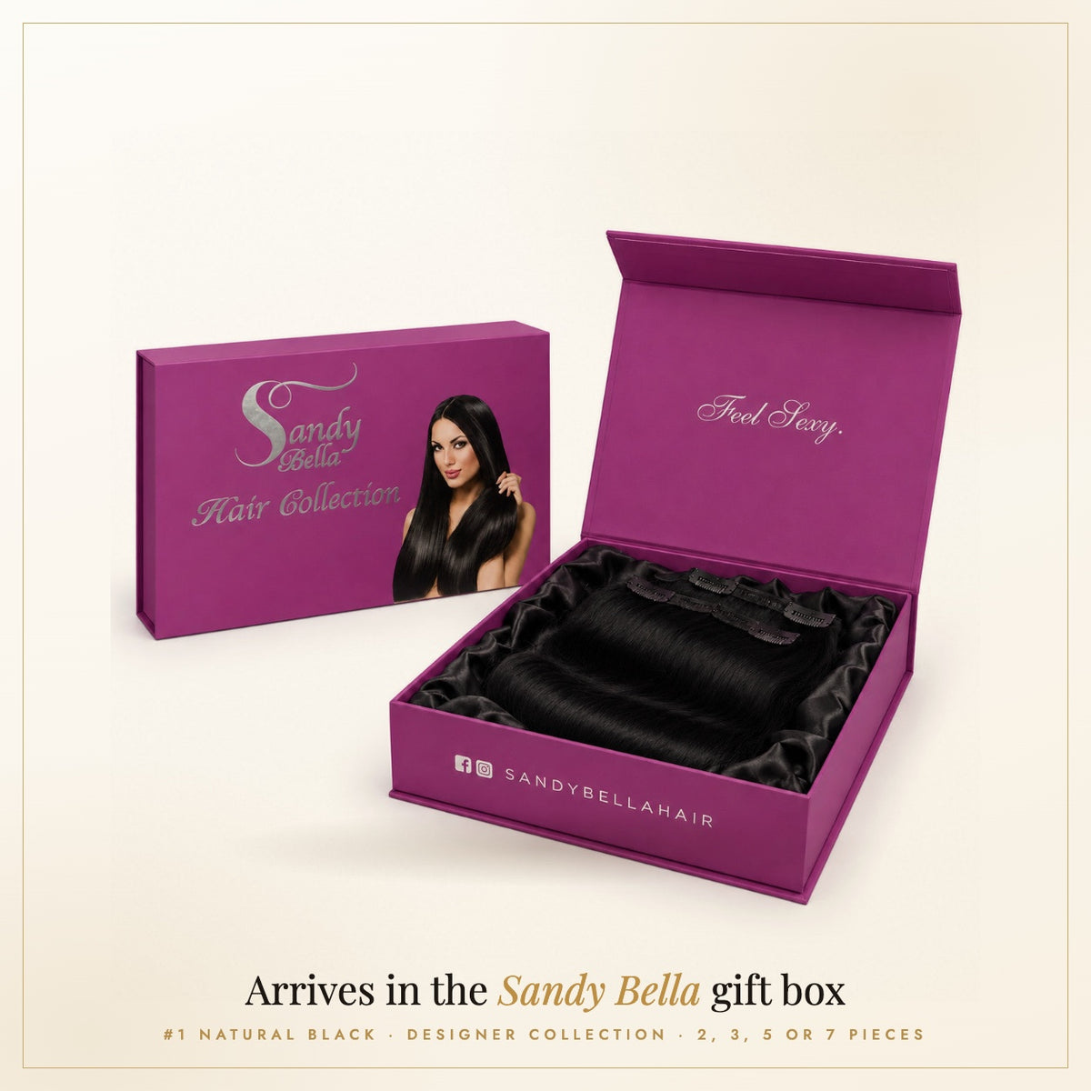 Sandy Bella #1 Natural Black Designer Collection handmade clip-in hair extensions in the signature gift box