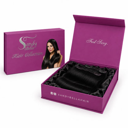 Sandy Bella #1 Natural Black clip-in hair extensions luxury packaging box