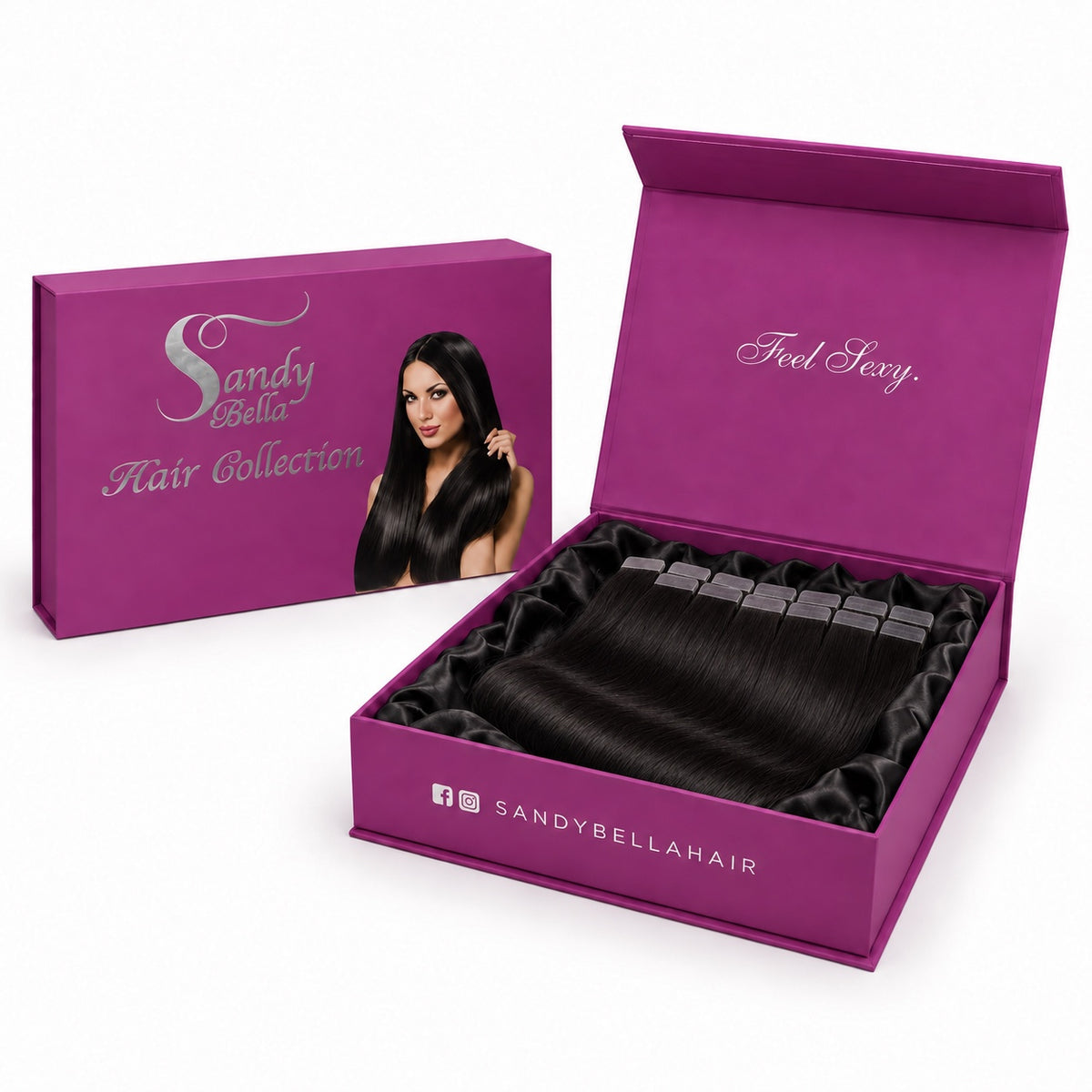 Sandy Bella #1 Natural Black tape-in hair extensions in the signature magenta gift box with satin lining