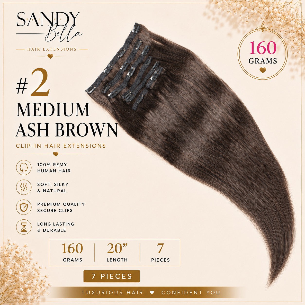 #2 Medium Ash Brown 20" Clip-in Hair Extensions 160 Grams 7 pieces - Sandy Bella product card with clips detail