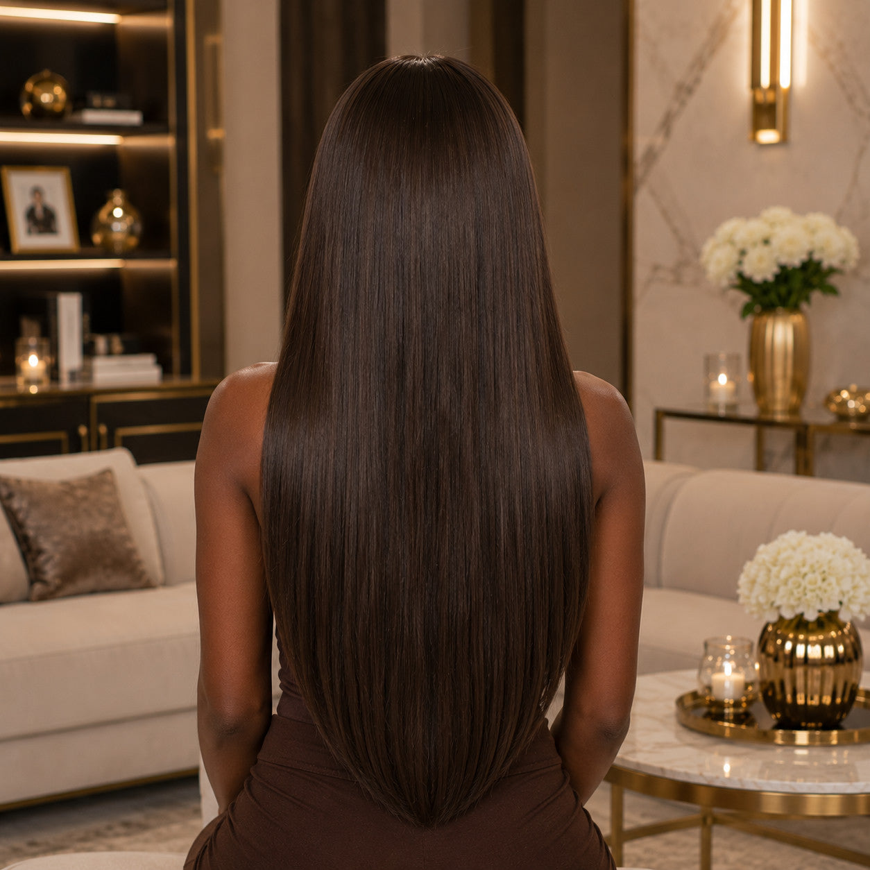#2 Medium Ash Brown 20 inch clip-in hair extensions worn, back view showing full length and volume - Sandy Bella