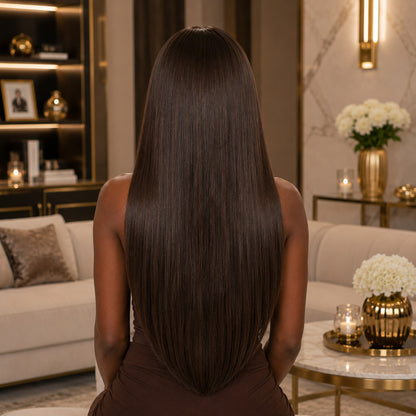 #2 Medium Ash Brown 20 inch clip-in hair extensions worn, back view showing full length and volume - Sandy Bella