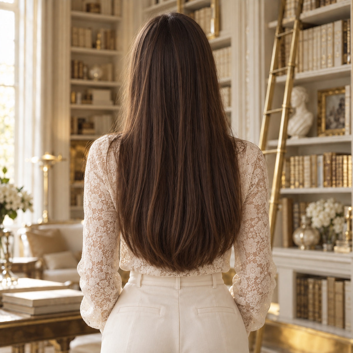 #2 Medium Ash Brown 20 inch clip-in hair extensions worn, back view showing full length and volume - Sandy Bella