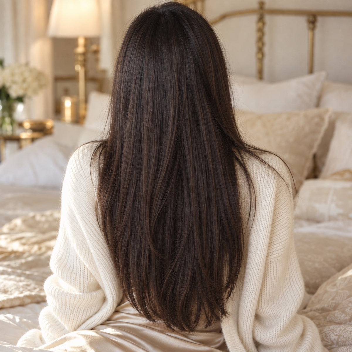 #2 Medium Ash Brown 20 inch tape-in hair extensions worn, back view showing full length and volume - Sandy Bella