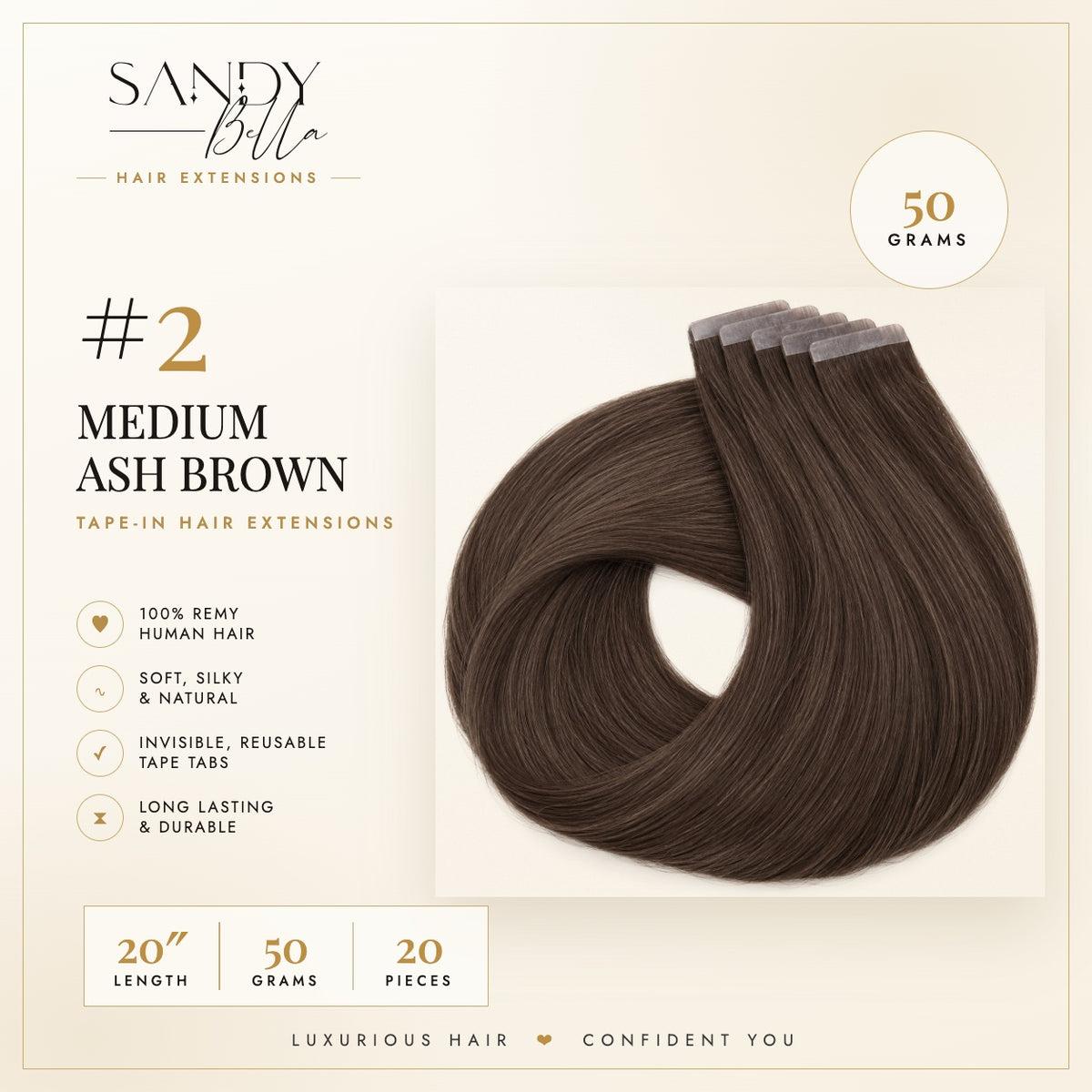 #2 Medium Ash Brown 20 inch tape-in hair extensions product card: 50 grams, 20 pieces, 100% Remy human hair - Sandy Bella