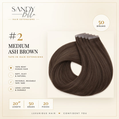 #2 Medium Ash Brown 20 inch tape-in hair extensions product card: 50 grams, 20 pieces, 100% Remy human hair - Sandy Bella