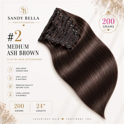 #2 Medium Ash Brown 24" Clip-in Hair Extensions 200 Grams - Sandy Bella product card with clips detail