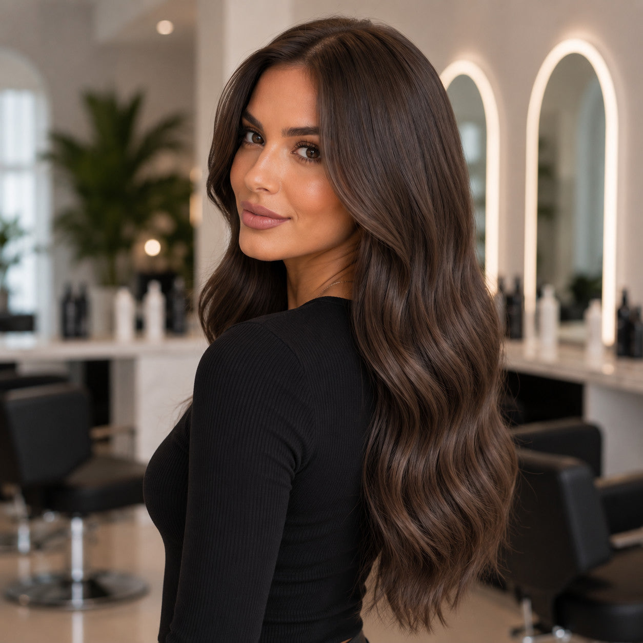 Model wearing #2 Medium Ash Brown 24 inch clip-in extensions, side profile with soft waves - Sandy Bella