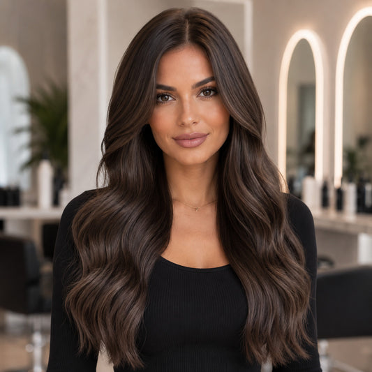 Model wearing #2 Medium Ash Brown 24 inch handmade clip-in hair extensions — Sandy Bella Designer Collection