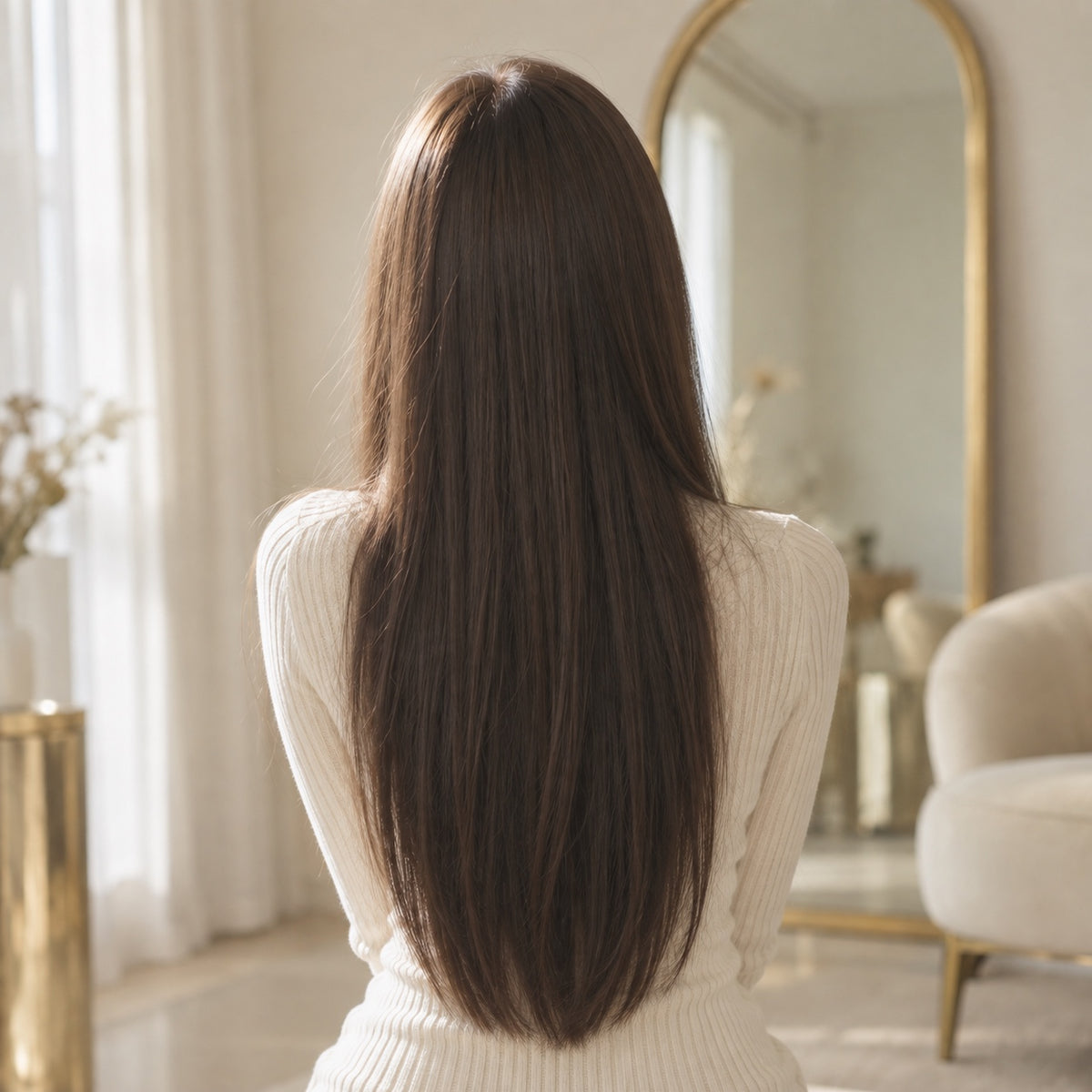 #2 Medium Ash Brown 24 inch clip-in hair extensions worn, back view showing full length and volume - Sandy Bella