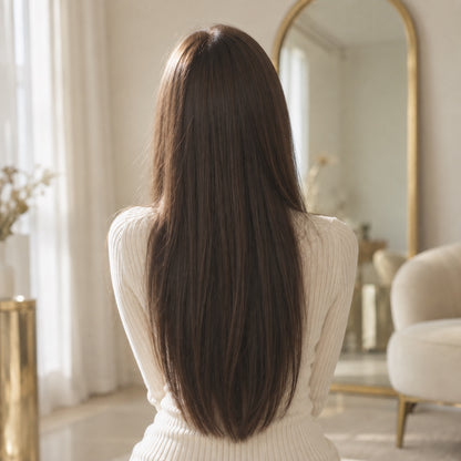 #2 Medium Ash Brown 24 inch clip-in hair extensions worn, back view showing full length and volume - Sandy Bella