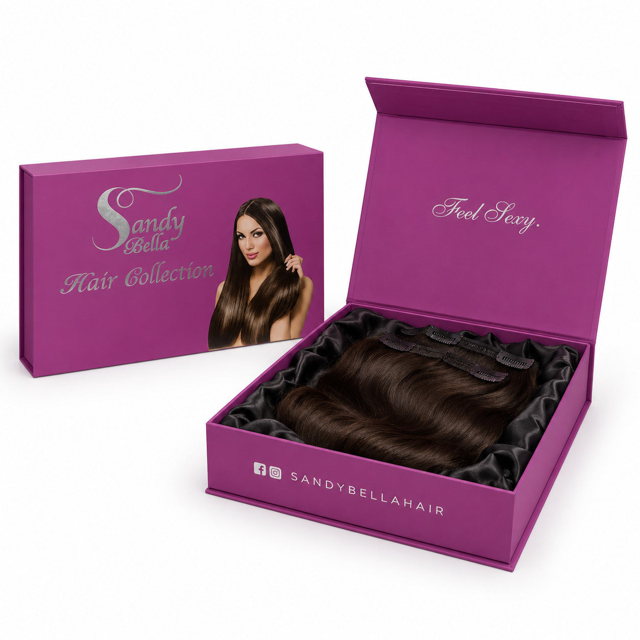 Sandy Bella #2 Medium Ash Brown clip-in hair extensions luxury packaging box