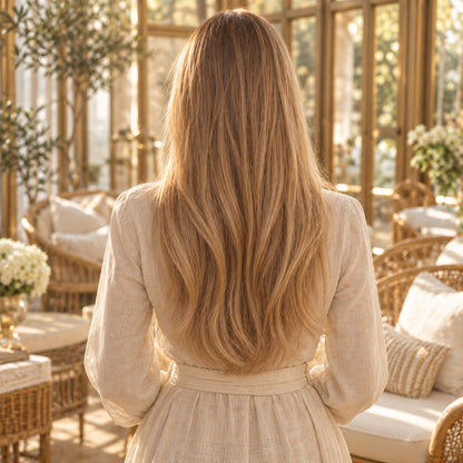#27 Honey Blonde 20 inch clip-in hair extensions worn, back view showing full length and volume - Sandy Bella