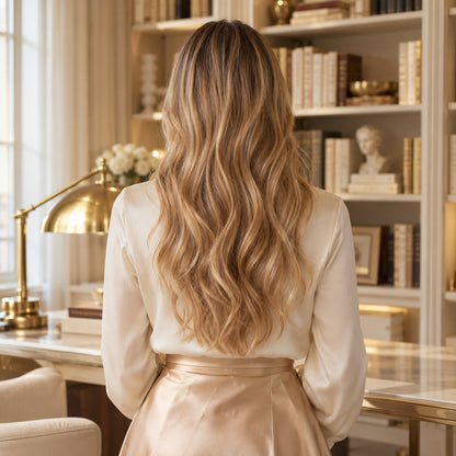 #27 Honey Blonde 20 inch tape-in hair extensions worn, back view showing full length and volume - Sandy Bella