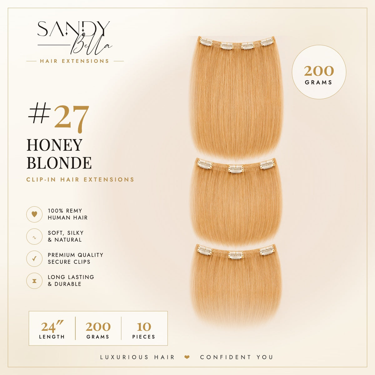 #27 Honey Blonde 24" Clip-in Hair Extensions 200 Grams 10 pieces - Sandy Bella product card with clips detail
