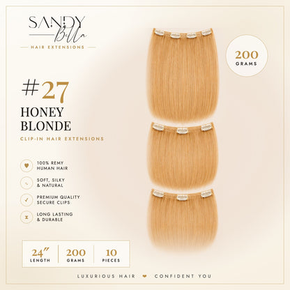 #27 Honey Blonde 24" Clip-in Hair Extensions 200 Grams 10 pieces - Sandy Bella product card with clips detail