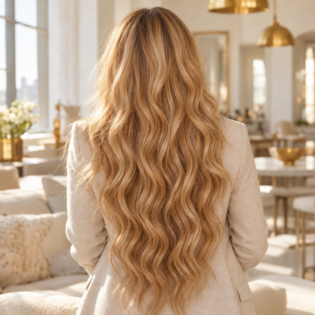 #27 Honey Blonde 24 inch clip-in hair extensions worn, back view showing full length and volume - Sandy Bella