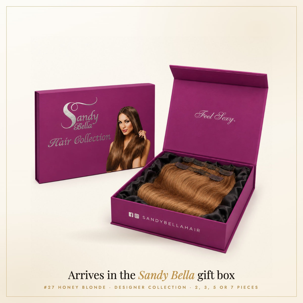 Sandy Bella #27 Honey Blonde Designer Collection handmade clip-in hair extensions in the signature gift box