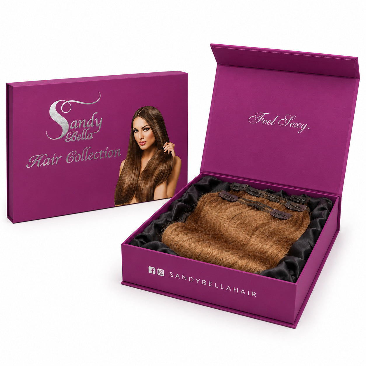 Sandy Bella #27 Honey Blonde clip-in hair extensions luxury packaging box