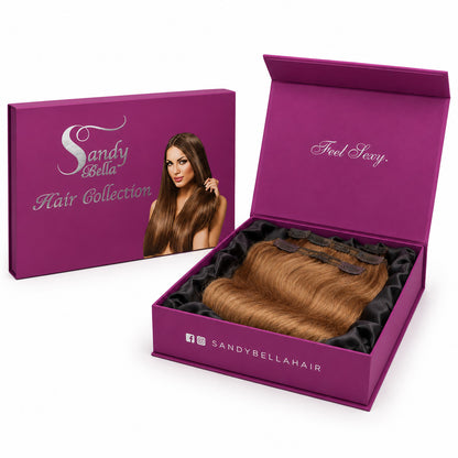 Sandy Bella #27 Honey Blonde clip-in hair extensions luxury packaging box