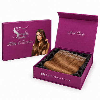 Sandy Bella #27 Honey Blonde tape-in hair extensions in the signature magenta gift box with satin lining