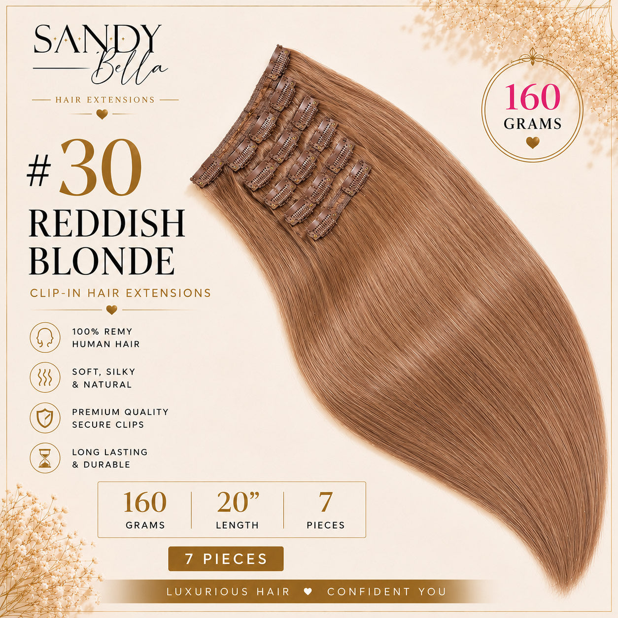 #30 Reddish Blonde 20" Clip-in Hair Extensions 160 Grams 7 pieces - Sandy Bella product card with clips detail