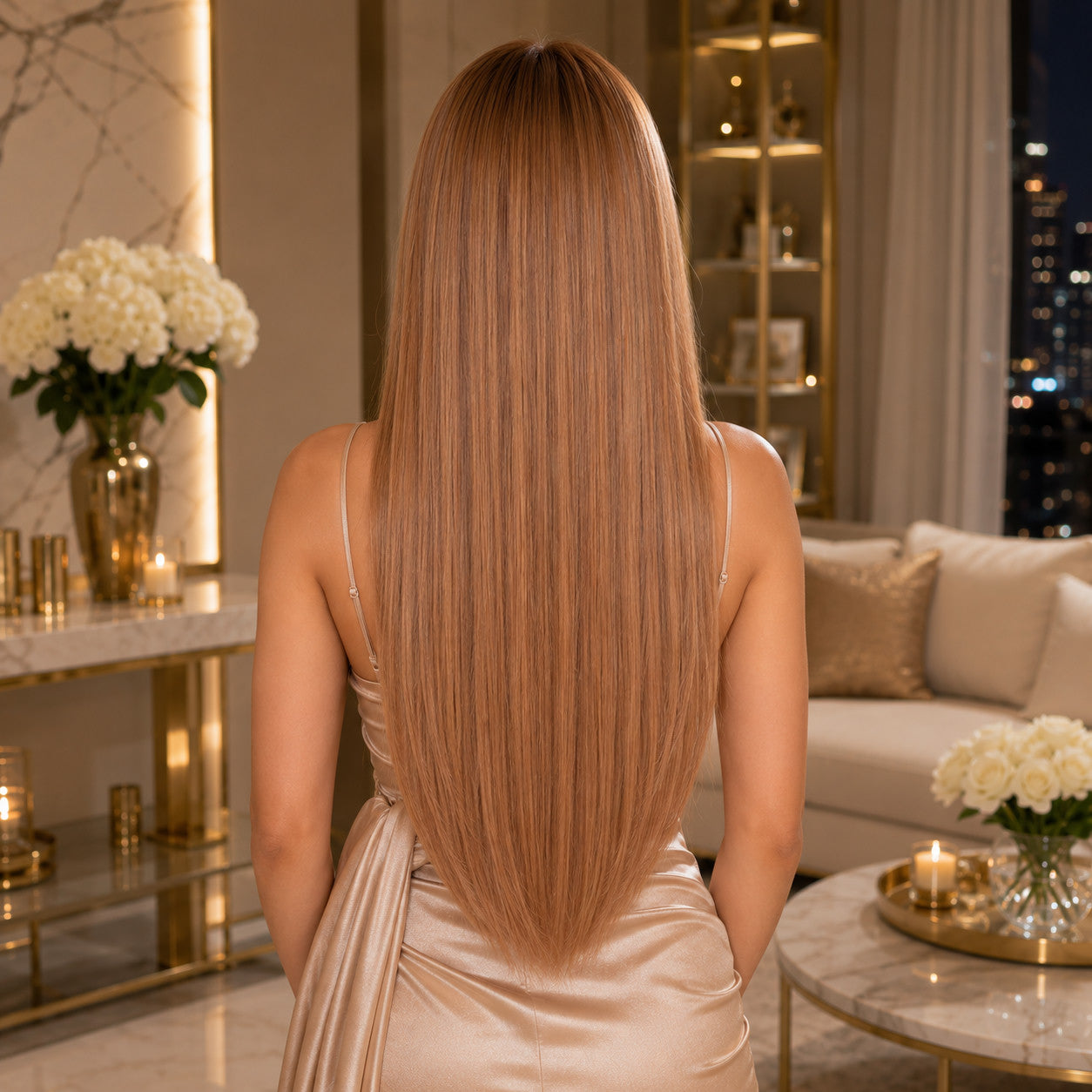 #30 Reddish Blonde 20 inch clip-in hair extensions worn, back view showing full length and volume - Sandy Bella