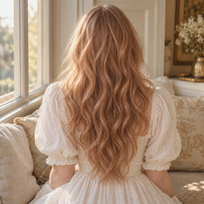 #30 Reddish Blonde 20 inch clip-in hair extensions worn, back view showing full length and volume - Sandy Bella