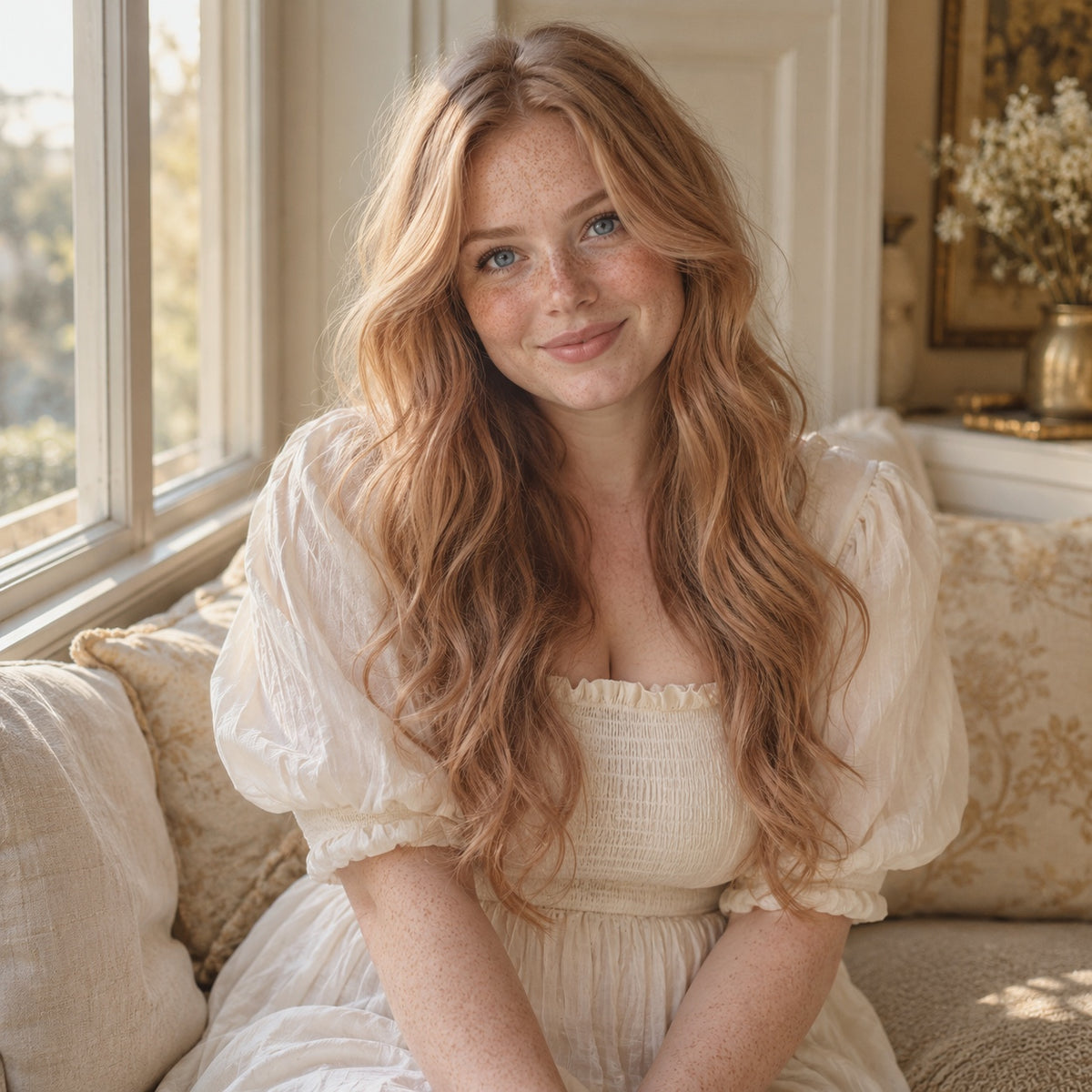 Model wearing #30 Reddish Blonde 20 inch clip-in hair extensions, front view - Sandy Bella