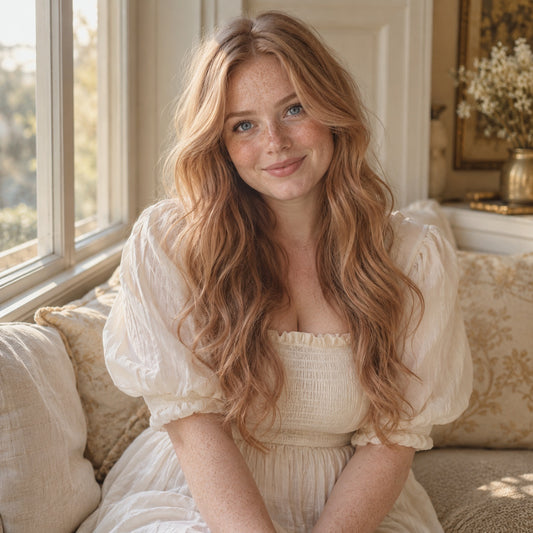 Model wearing #30 Reddish Blonde 20 inch clip-in hair extensions, front view - Sandy Bella