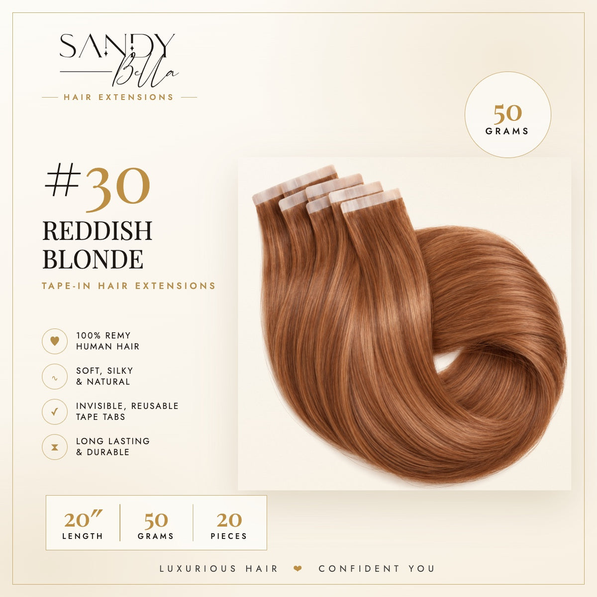 #30 Reddish Blonde 20 inch tape-in hair extensions product card: 50 grams, 20 pieces, 100% Remy human hair - Sandy Bella