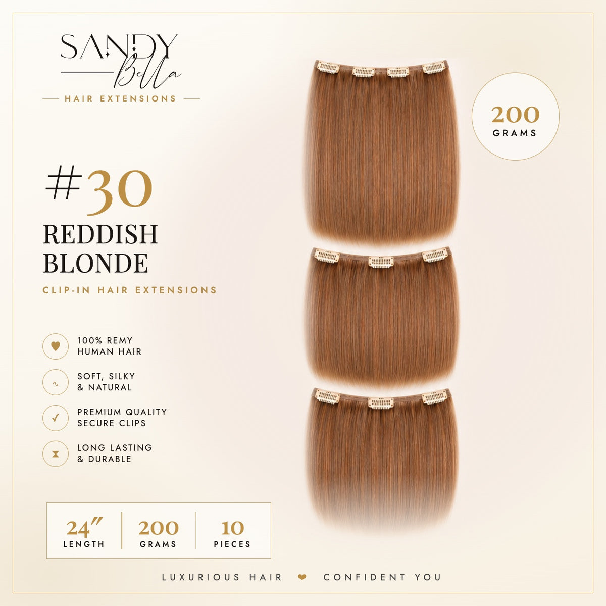 #30 Reddish Blonde 24" Clip-in Hair Extensions 200 Grams 10 pieces - Sandy Bella product card with clips detail