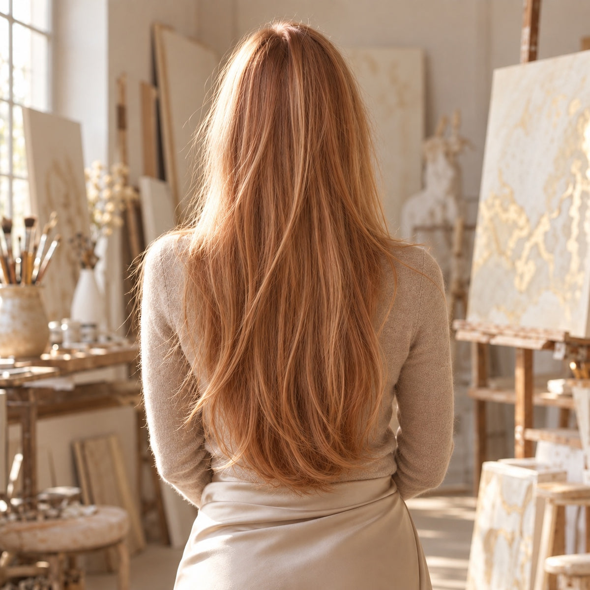 #30 Reddish Blonde 24 inch clip-in hair extensions worn, back view showing full length and volume - Sandy Bella