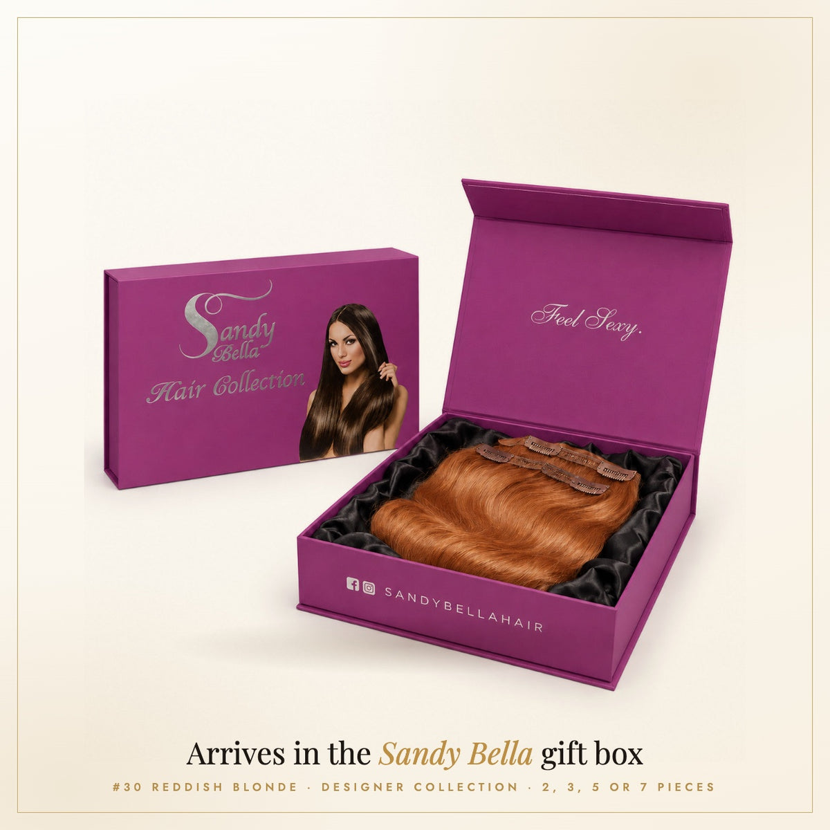Sandy Bella #30 Reddish Blonde Designer Collection handmade clip-in hair extensions in the signature gift box