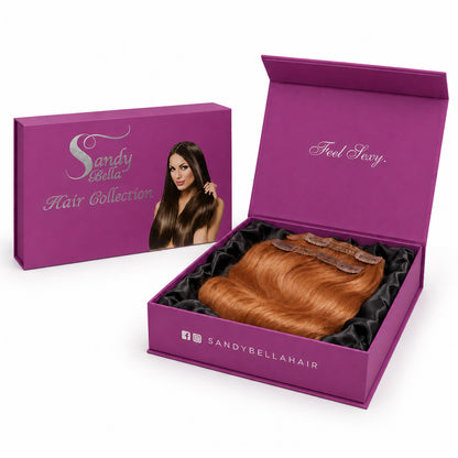 Sandy Bella #30 Reddish Blonde clip-in hair extensions luxury packaging box