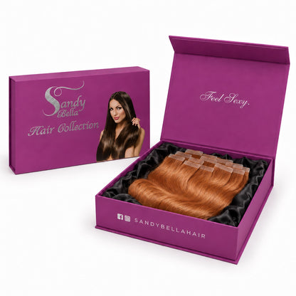 Sandy Bella #30 Reddish Blonde tape-in hair extensions in the signature magenta gift box with satin lining