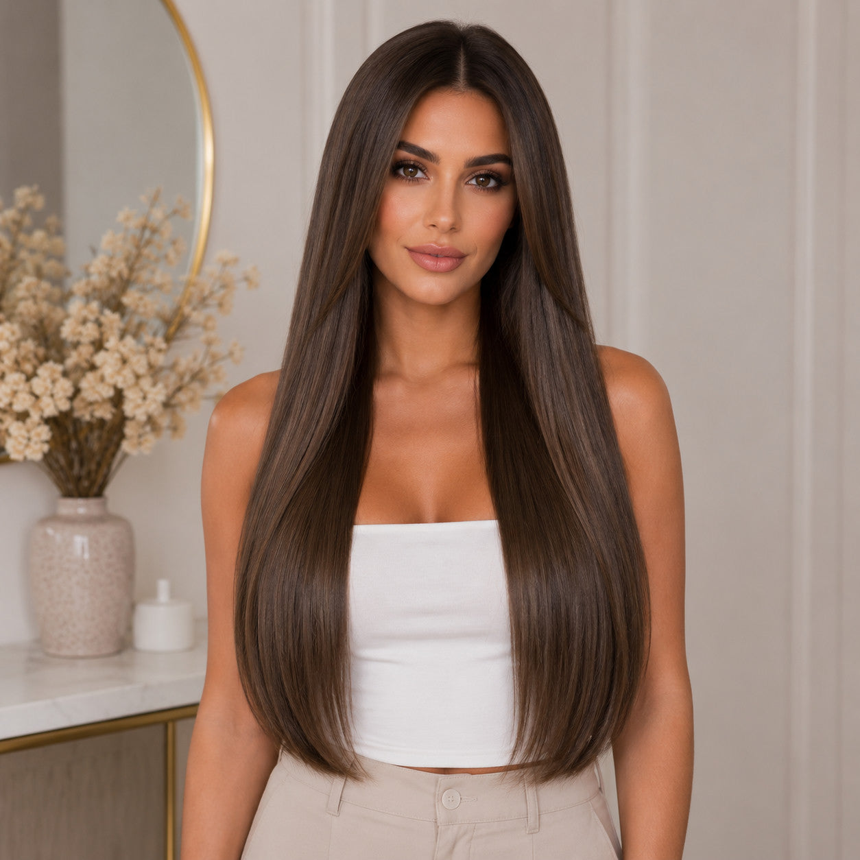 Model wearing #4 Light Ash Brown 20 inch clip-in hair extensions, front view - Sandy Bella