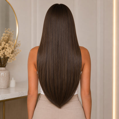 #4 Light Ash Brown 20 inch clip-in hair extensions worn, back view showing full length and volume - Sandy Bella