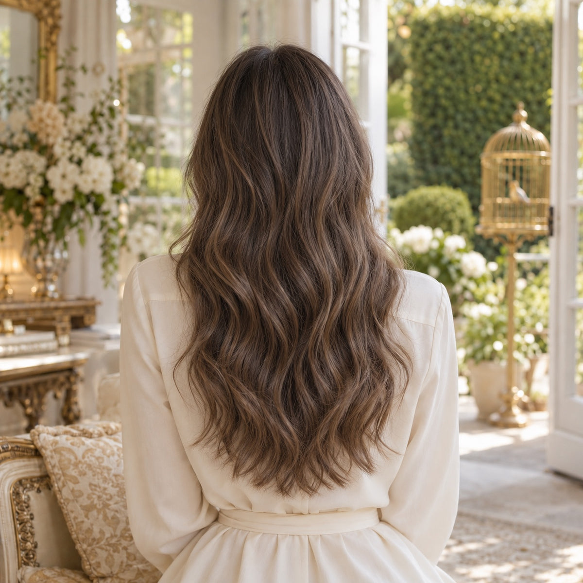 #4 Light Ash Brown 20 inch clip-in hair extensions worn, back view showing full length and volume - Sandy Bella