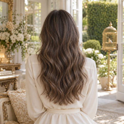 #4 Light Ash Brown 20 inch clip-in hair extensions worn, back view showing full length and volume - Sandy Bella