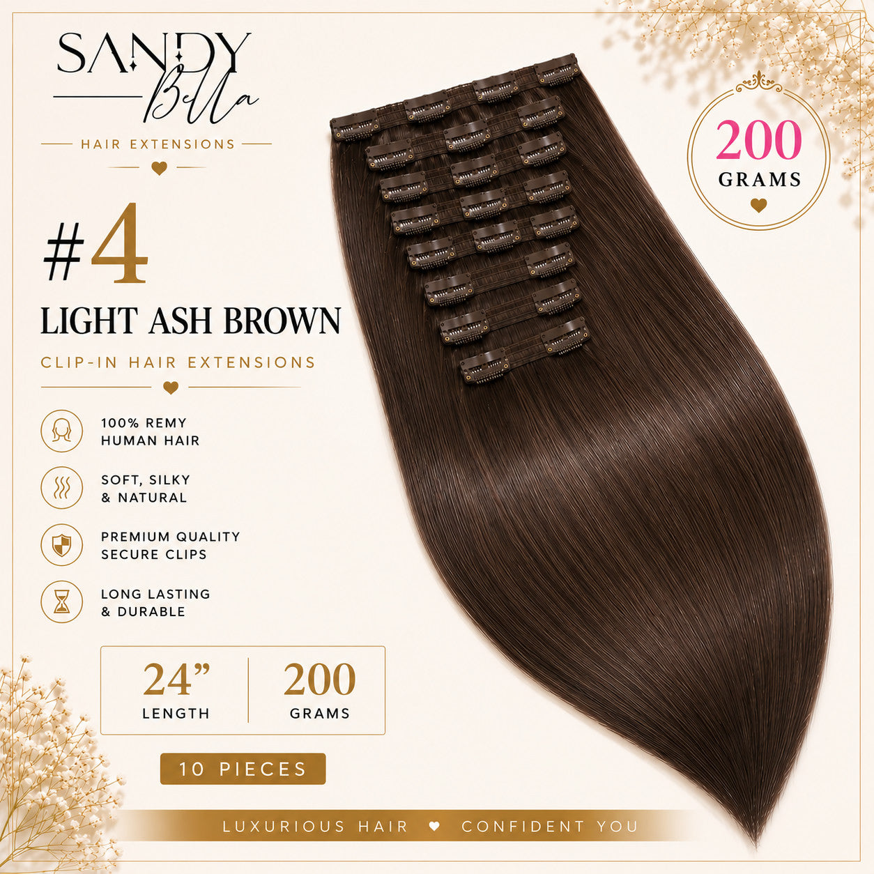 #4 Light Ash Brown 24" Clip-in Hair Extensions 200 Grams 10 pieces - Sandy Bella product card with clips detail