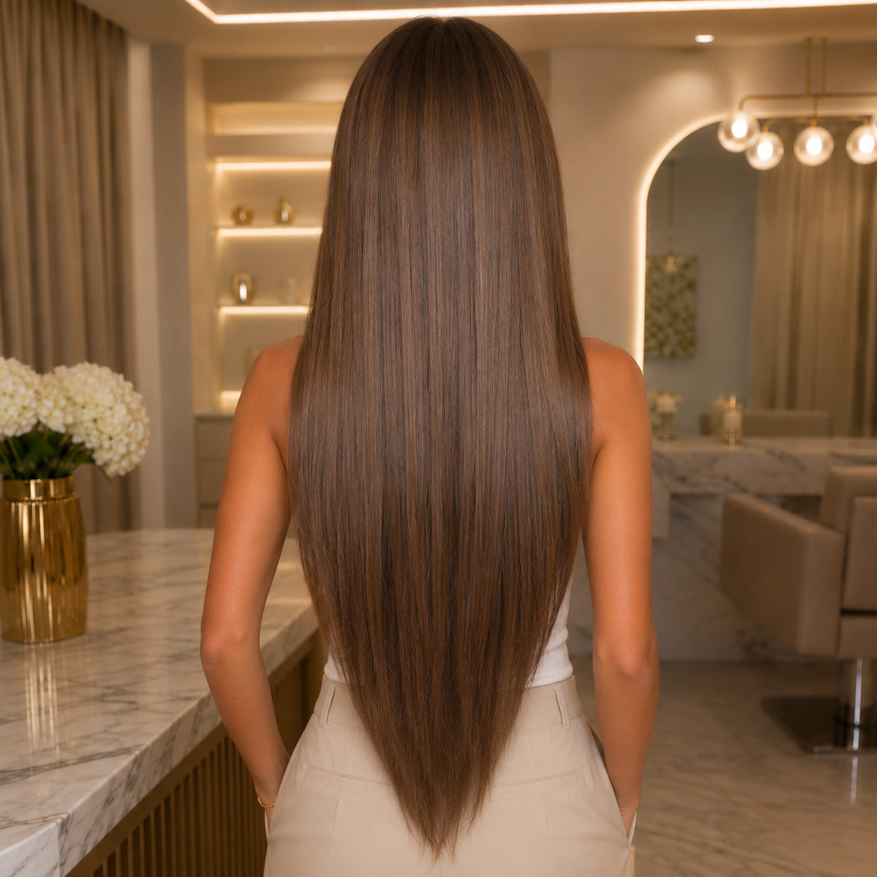 #4 Light Ash Brown 24 inch clip-in hair extensions worn, back view showing full length and volume - Sandy Bella
